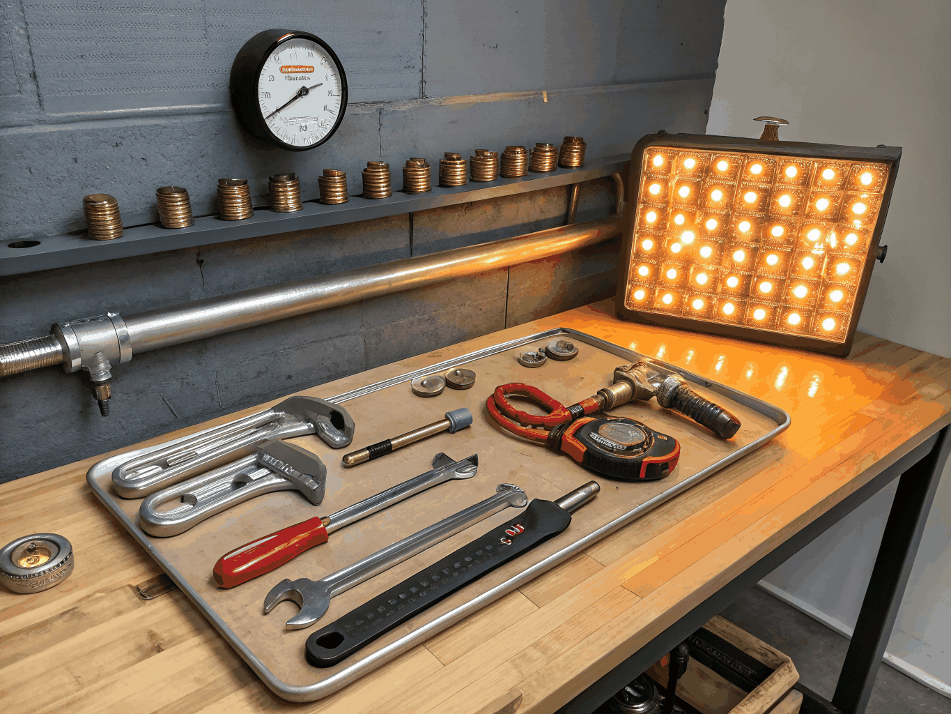 Brushed steel industrial tools on a technical workbench