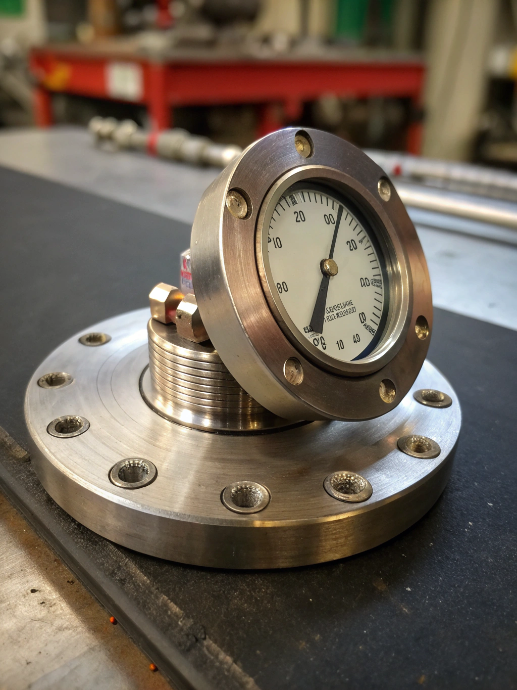 Close-up of industrial pressure gauges and control panels